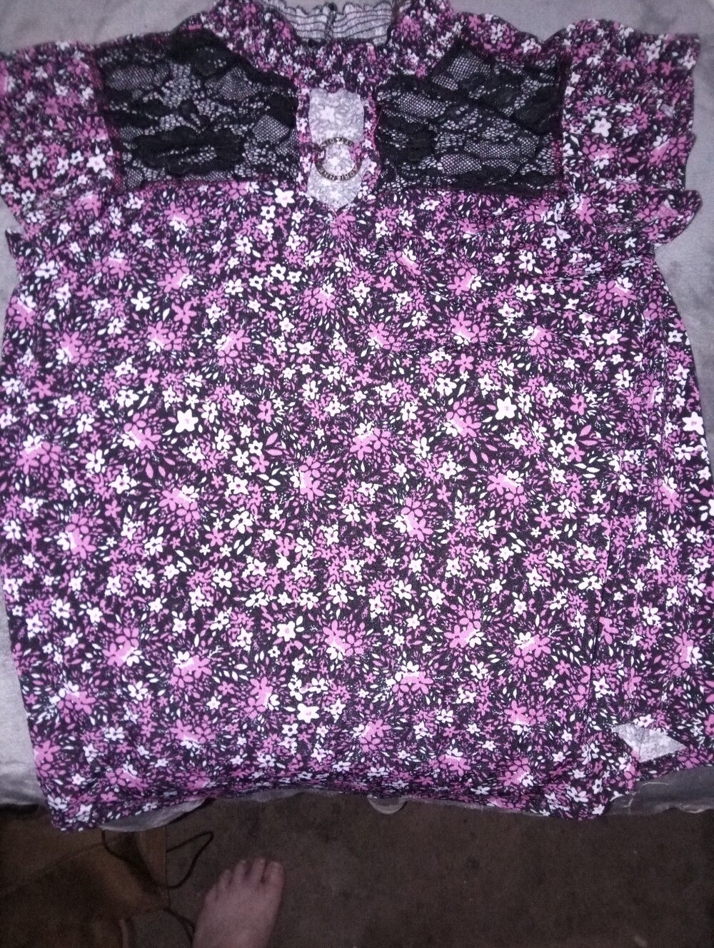 Adrienne Vittadini Black and Purple Floral Lace-Trim Chemise
